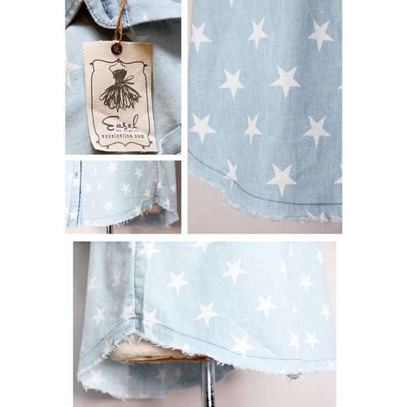 Light Blue Stars Cotton Fray Hem Button Up Shirt - Picture 5 of 8